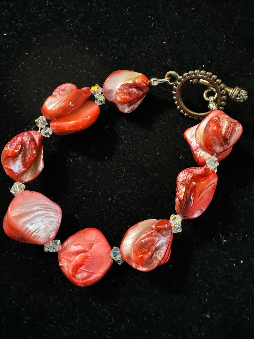Handcrafted Coral Red Shell And Crystal Bead Bracelet